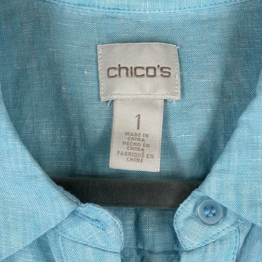 Chicos 100% Linen Tunic Dress Medium Aqua Beachy Coastal Resort Cruise Natural - Picture 5 of 12